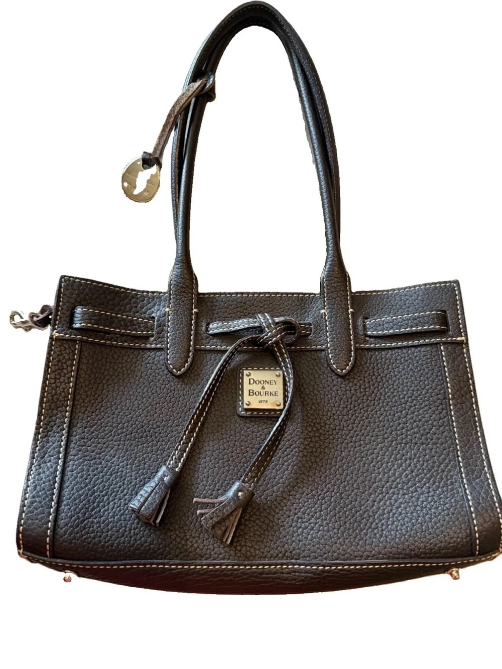 Dooney & Bourke Dark Brown Pebbled Leather Satchel with Tassel Draw